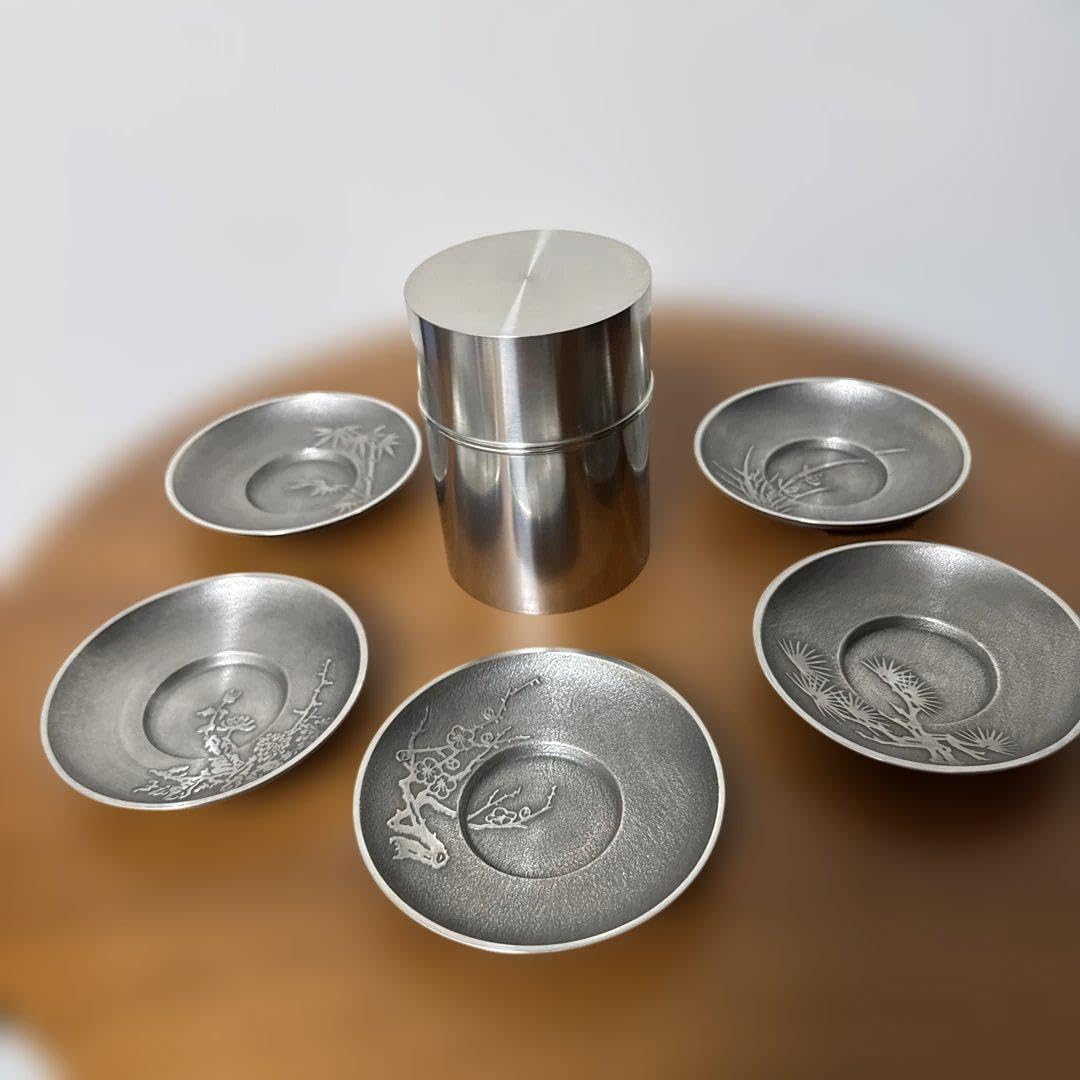 極上 純錫 茶器揃(茶筒1 茶托5) 極上 純錫 茶器揃 茶筒1 茶托5 極上 純錫 茶器揃 茶筒1